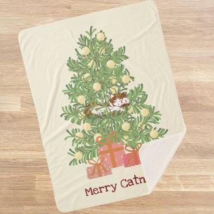 Funny Cat & Christmas Tree Merry Catnaps! Cream Sherpa Blanket