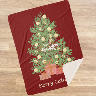 Funny Cat & Christmas Tree Merry Catnaps! Red Sherpa Blanket