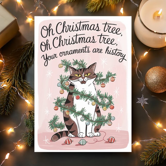 Funny Cat Christmas Tree Ornaments Holiday Card (Creator Uploaded)