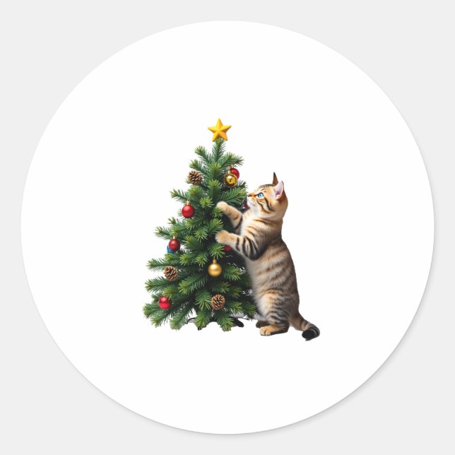 Funny Cat Christmas Tree Xmas Gifts Men Women Kids Classic Round Sticker (Front)