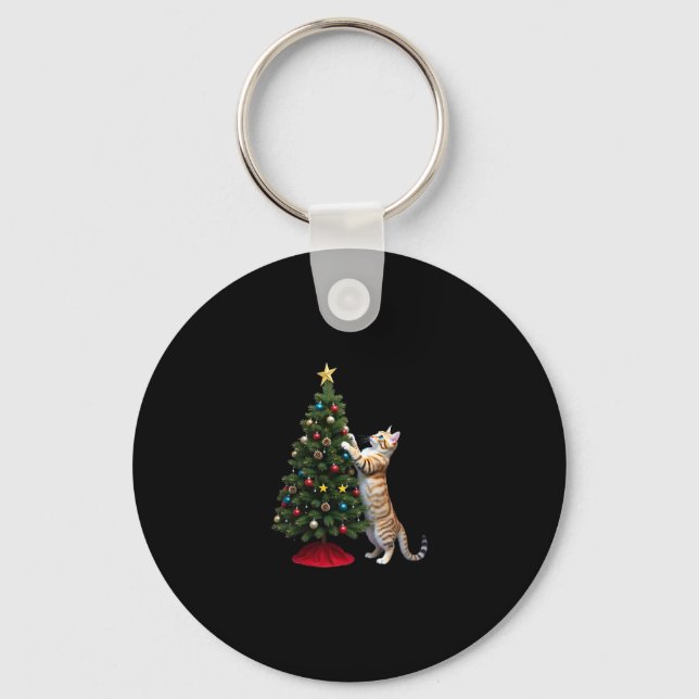 Funny Cat Christmas Tree Xmas Gifts Men Women Kids Key Ring (Front)