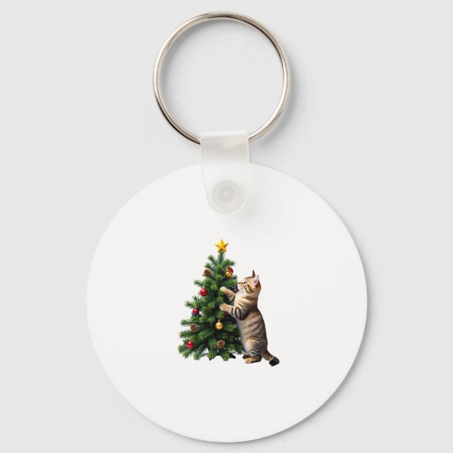 Funny Cat Christmas Tree Xmas Gifts Men Women Kids Key Ring (Front)