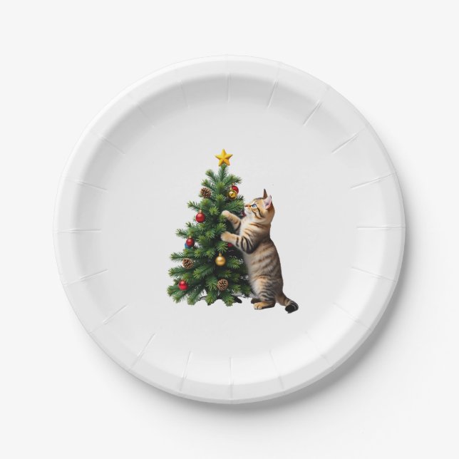 Funny Cat Christmas Tree Xmas Gifts Men Women Kids Paper Plate (Front)