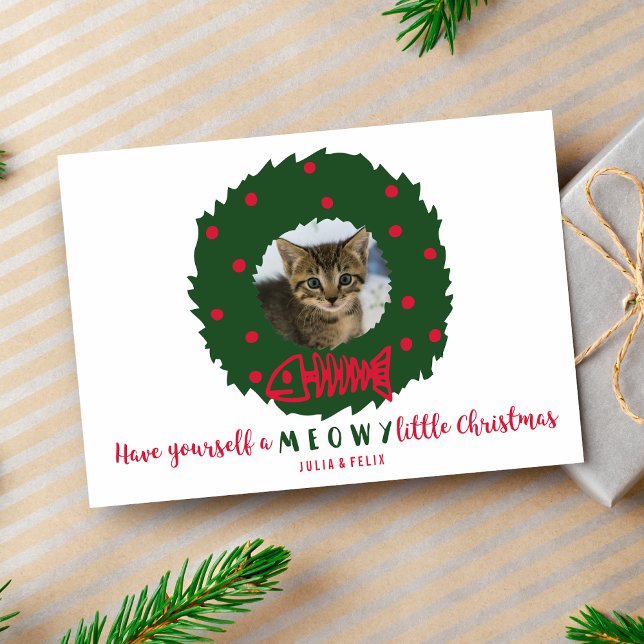 Funny Cat Christmas Wreath With Your Kitten Photo Holiday Card (Creator Uploaded)
