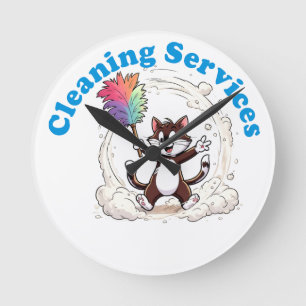 Funny Cat Cleaning with Colourful Feather Brusht Round Clock