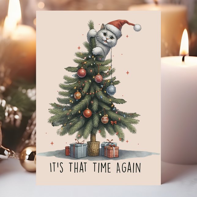 Funny Cat Climbing Christmas Tree Holiday Card (Creator Uploaded)
