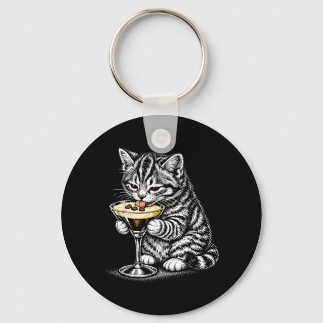 Funny Cat Coffee Tail Black Ink Kitten Art Key Ring (Front)