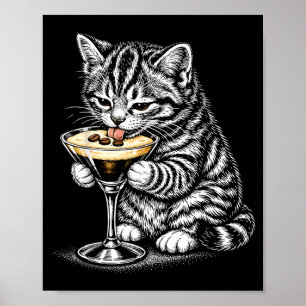 Funny Cat Coffee Tail Black Ink Kitten Art Poster