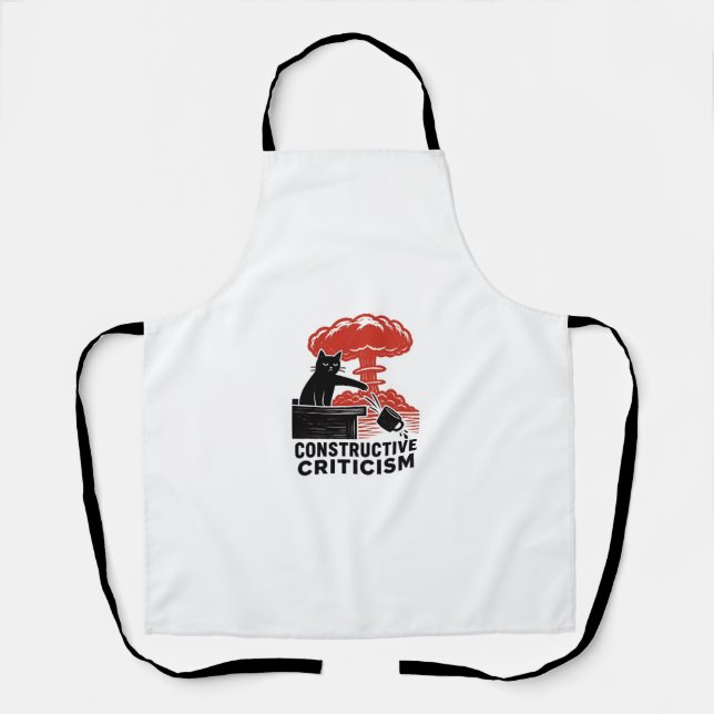 Funny Cat Constructive Criticism Linocut Meme Apron (Front)
