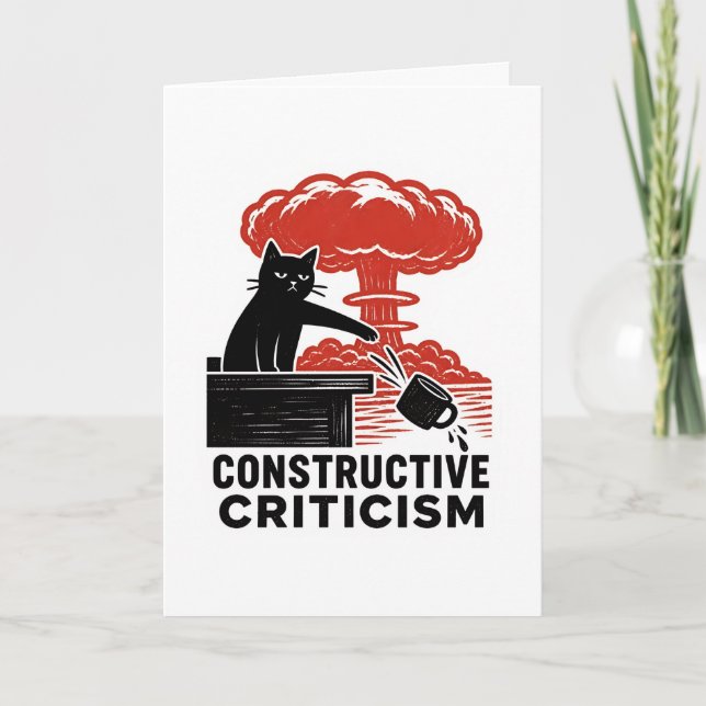 Funny Cat Constructive Criticism Linocut Meme Card (Front)