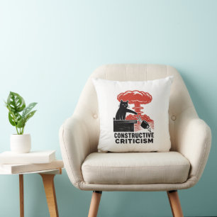 Funny Cat Constructive Criticism Linocut Meme Cushion
