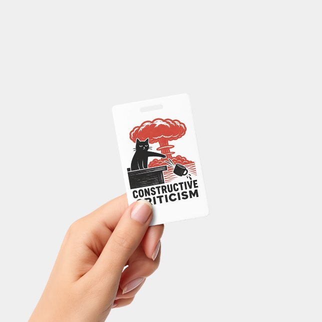 Funny Cat Constructive Criticism Linocut Meme ID Badge (Handheld)