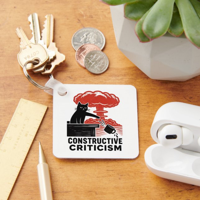 Funny Cat Constructive Criticism Linocut Meme Key Ring (Desk)