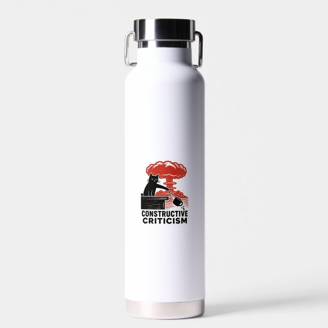 Funny Cat Constructive Criticism Linocut Meme Water Bottle (Front)