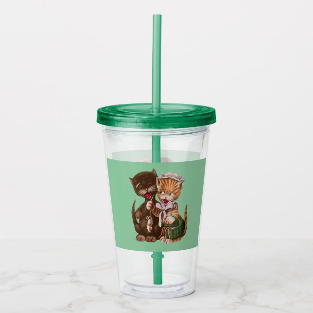 Funny Cat Couple With Rats in Basket Green Acrylic Tumbler (Front)
