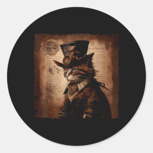 Funny Cat Cowboy Steampunk Classic Round Sticker