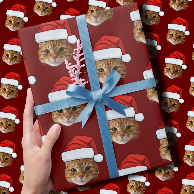 Funny Cat Custom Face Photo Santa Hat Christmas Wrapping Paper (Creator Uploaded)