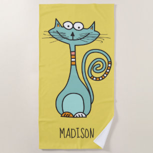 Funny Cat custom name & colour beach towel