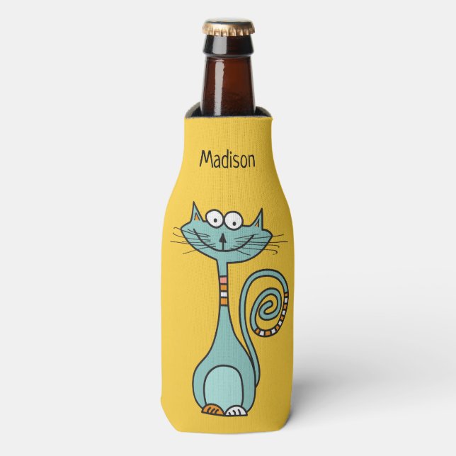 Funny Cat custom name & colour bottle cooler (Bottle Front)