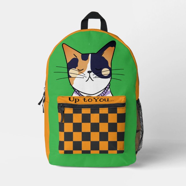 Funny Cat, Cute Cat, Gree Orange  Printed Backpack (Front)