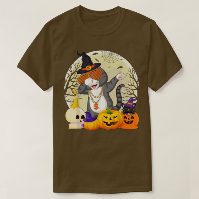 Funny Cat Dabbing Pumpkin Witch Cat Dab Halloween  T-Shirt (Design Front)