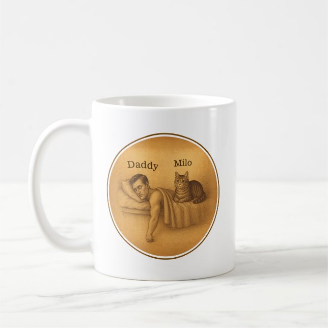 Funny Cat Dad Sleeping Illustration Coffee Mug (Left)