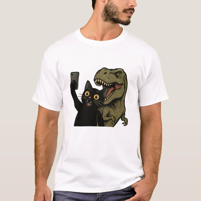 Funny Cat Dinosaur Selfie, Cool Dinosaur Lover T-Shirt (Front)