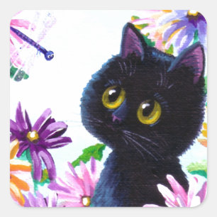 Funny Cat Dragonfly Daisies Creationarts Square Sticker