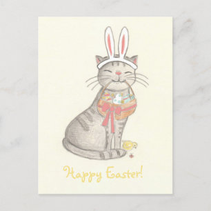 Funny Cat Drawing/ Happy Easter Postcard