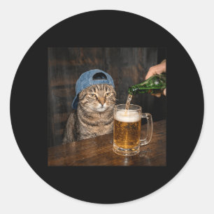 Funny Cat Drinking Beer Hat Graphic Unimpressed Classic Round Sticker