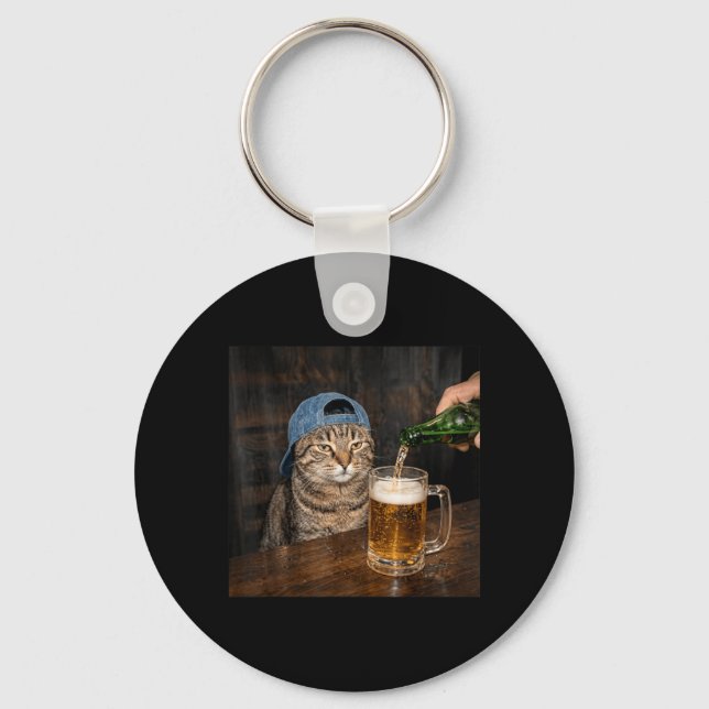 Funny Cat Drinking Beer Hat Graphic Unimpressed Key Ring (Front)