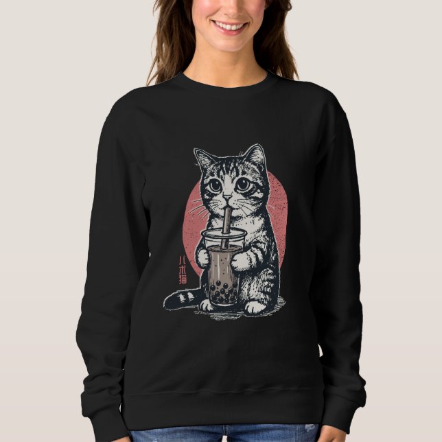 Funny Cat Drinking Boba Tea Bubble Milk Anime Styl Sweatshirt (Front)