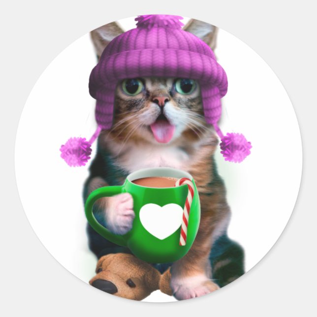Funny cat drinking coffee classic round sticker (Front)