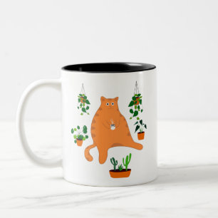Funny Cat Drinking Coffee Mug, Cat With Plants Two-Tone Coffee Mug