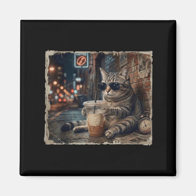 Funny Cat Drinking Iced Coffee Funny Animal Meme Magnet (Front)