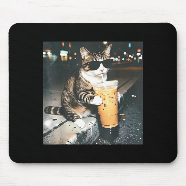Funny cat drinking iced coffee funny cat lover mouse pad (Front)