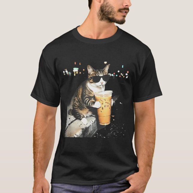 Funny cat Drinking iced Coffee T-Shirt (Front)