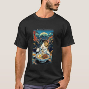 Funny Cat Eating Japanese Ramen Outer Space Retro T-Shirt
