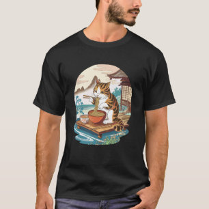 Funny Cat Eating Ramen Bowl Illustration T-Shirt