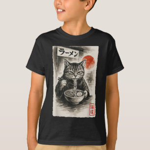 Funny Cat Eating Ramen Noodles Sumi-e Japanese Kaw T-Shirt