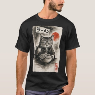 Funny Cat Eating Ramen Noodles Sumi-e Japanese Kaw T-Shirt