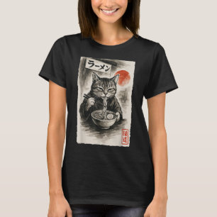 Funny Cat Eating Ramen Noodles Sumi-e Japanese Kaw T-Shirt