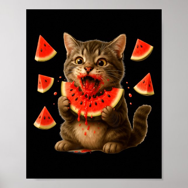 Funny Cat Eating Watermelon Slice Watermelon Day S Poster (Front)