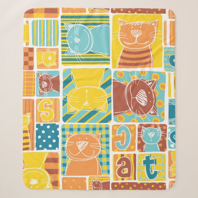 Funny cat fabric patchwork wallpaper,abstract seam sherpa blanket (Front)