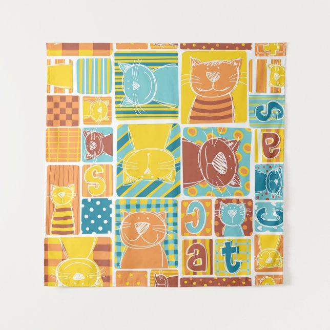 Funny cat fabric patchwork wallpaper,abstract seam tapestry (Front)