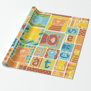 Funny cat fabric patchwork wallpaper,abstract seam wrapping paper