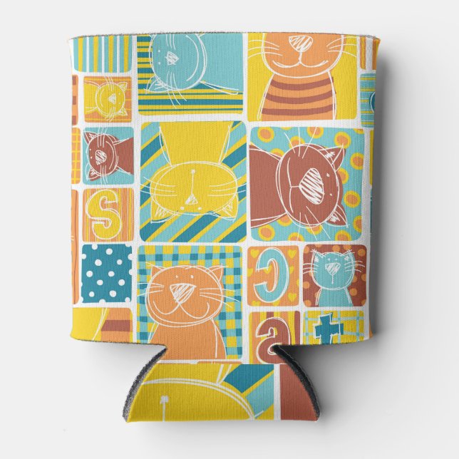 Funny Cat Fabric Patchwork Wallpaper Can Cooler (Front)