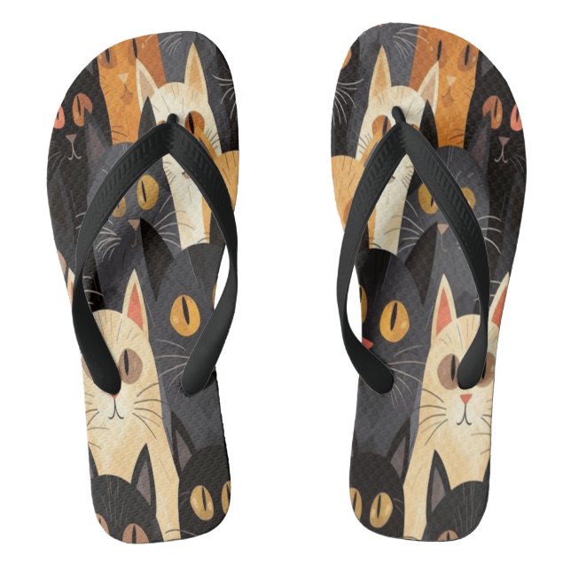 Funny Cat Faces Cartoon in Black and Orange Jandals (Footbed)