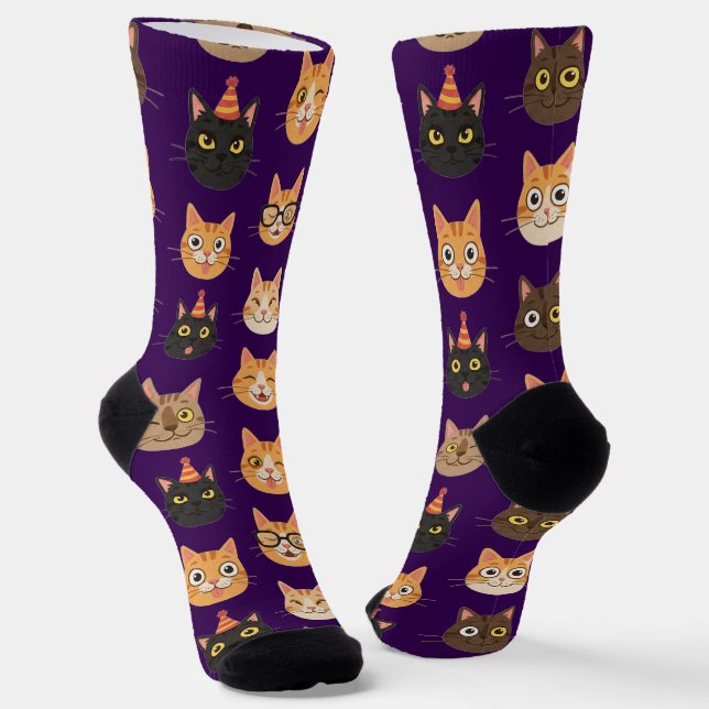 Funny Cat Faces Pattern Crew Socks (Angled)