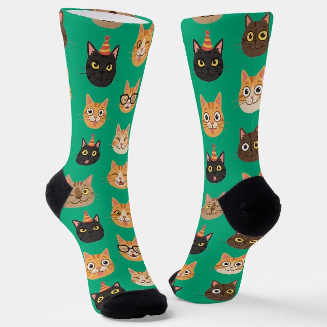 Funny Cat Faces Pattern Crew Socks (Angled)